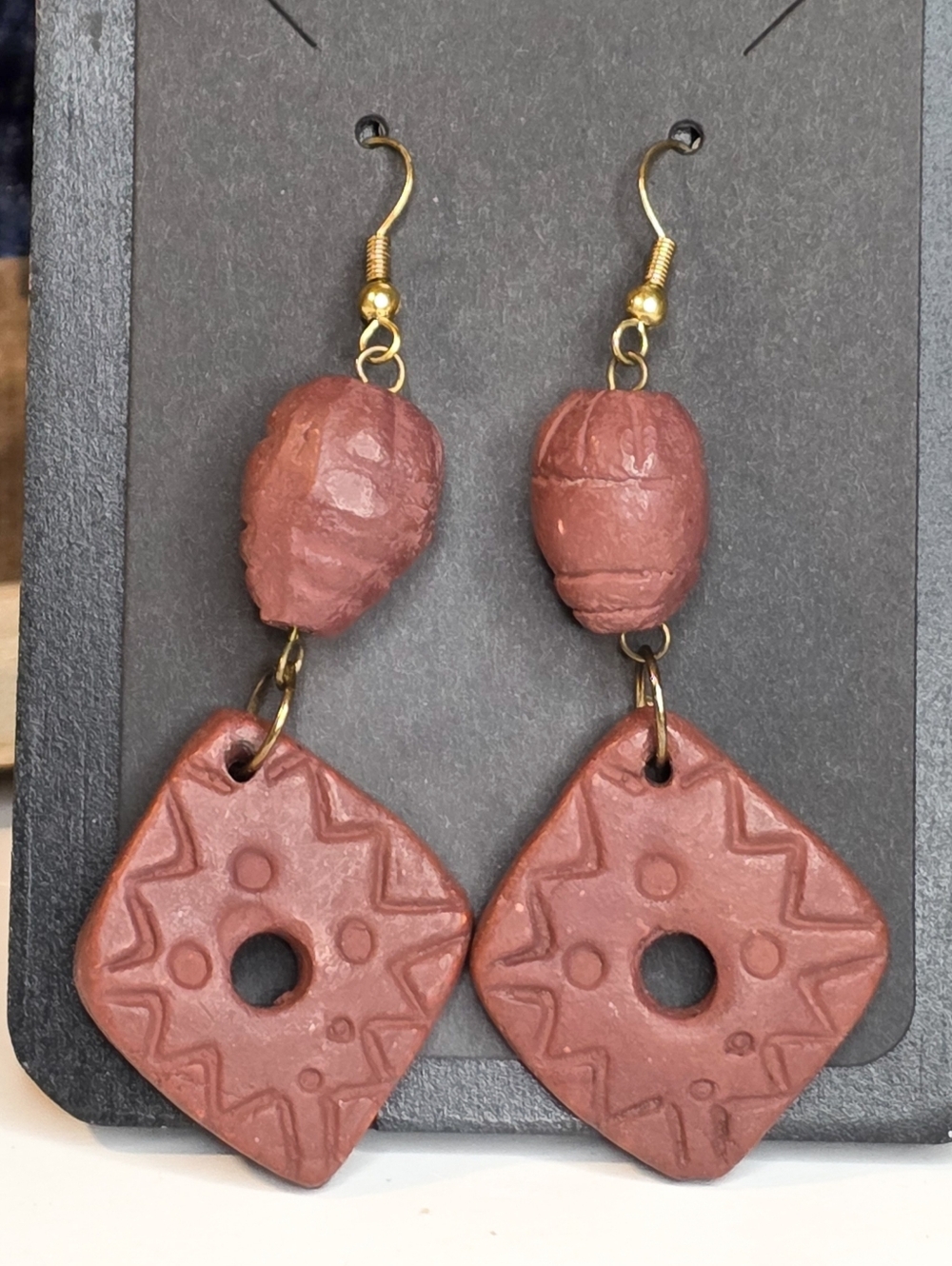 Artisan Handmade Fashion Jewelry Rustic Boho Terracotta Clay Dangle Earrings - Picture 3 of 4